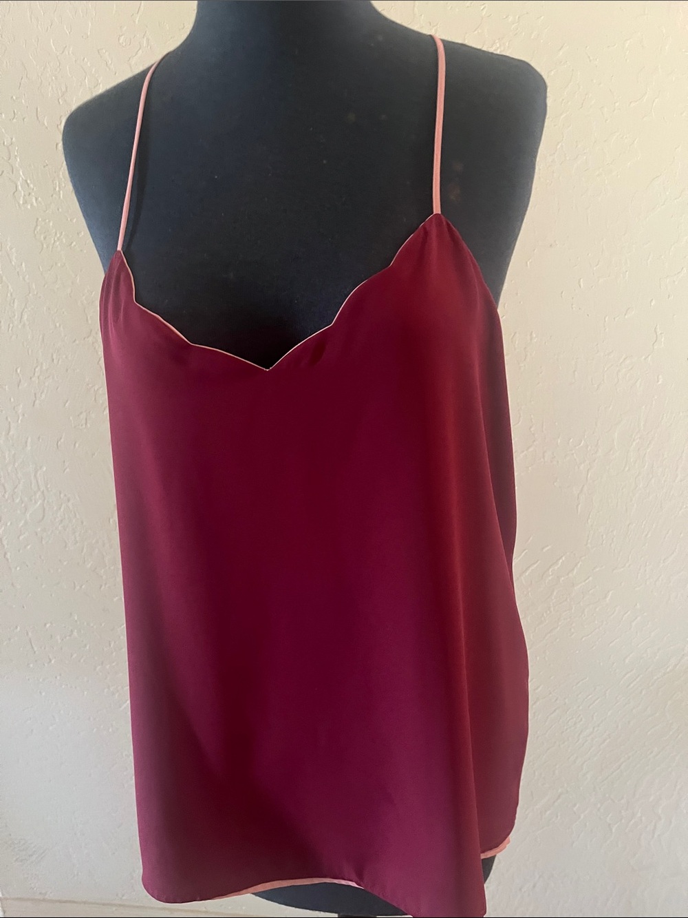 Express Burgundy Scalloped Neck Satin Cami with Pink Trim